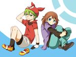  1girl bandana bike_shorts blue_eyes blush brown_hair cosplay costume_switch crossdressing ferythekid frown gloves green_eyes green_hair haruka_(pokemon) jacket pokemon pokemon_(anime) pokemon_ag shoes shoes_removed short_hair shorts shorts_under_skirt shuu_(pokemon) single_shoe smile 