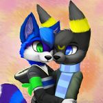  anthro black_fur blue_eyes blue_fur canine clothing couple cute duo eeveelution female fur green_eyes hair jamesfoxbr male mammal nintendo plain_background pok&#233;mon pok&eacute;mon raccoon scarf smile standing straight umbreon video_games young 