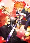  :d :o attack axel_(kingdom_hearts) bad_id bad_pixiv_id bangs battle black_coat_(kingdom_hearts) blue_eyes chakram charm_(object) dual_wielding eye_contact facial_mark fighting fingerless_gloves foreshortening from_side glint gloves green_eyes hair_between_eyes half-closed_eyes holding holding_weapon hood hood_down hoodie jumping keyblade kingdom_hearts lens_flare long_sleeves looking_at_another male_focus mickey_mouse multiple_boys open_mouth orange_hair outstretched_arm pecotank profile red_hair robe shorts smile sora_(kingdom_hearts) spiked_hair spread_legs v-shaped_eyebrows v_arms weapon 