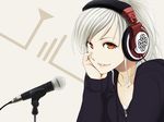  bangs black_shirt celtic_knot chin_rest collarbone headphones hood hood_down hoodie lips long_hair long_sleeves looking_at_viewer microphone microphone_stand orange_eyes original parted_lips poaro ponytail shirt signal_bar simple_background smile solo symbol white_hair zipper 