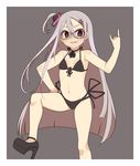  \m/ bare_shoulders bikini black_bikini cross flat_chest front-tie_top glasses grey_hair hair_ornament high_heels highres long_hair looking_at_viewer navel one_side_up original oza_watto purple_eyes side-tie_bikini smile solo swimsuit symbol-shaped_pupils very_long_hair 