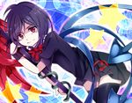  aru16 asymmetrical_wings black_dress black_hair dress houjuu_nue leaning_over looking_at_viewer multicolored multicolored_background red_eyes ribbon short_hair smile snake solo star thighhighs touhou wings wrist_cuffs zettai_ryouiki 