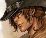  1boy brown_hair cowboy_hat earrings final_fantasy final_fantasy_viii hat irvine_kinneas jewelry levibob looking_at_viewer male male_focus ponytail smile solo 