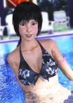  1girl 3d bare_shoulders black_hair brown_eyes final_fantasy final_fantasy_vii highres looking_at_viewer midriff niioka partially_submerged pool short_hair smile solo swimsuit water yuffie_kisaragi 
