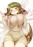  animal_ears blush breasts danbo_(rock_clime) green_eyes green_hair highres kasodani_kyouko large_breasts looking_at_viewer lying naked_sweater on_back open_mouth ribbed_sweater short_hair solo sweater tail touhou 