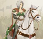  amalda armor breastplate breasts bridle cape cleavage elbow_gloves fingerless_gloves fire_emblem fire_emblem:_thracia_776 gloves green_eyes grey_hair horse medium_breasts nonji_(sayglo_halo) pauldrons reins riding sheath sheathed solo sword thighhighs weapon 