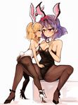  alternate_costume animal_ears ass ass_grab asymmetrical_docking bad_id bad_pixiv_id bare_shoulders blonde_hair breast_press breasts bunny_ears bunny_girl bunny_tail bunnysuit cleavage detached_collar earrings eye_contact fishnet_pantyhose fishnets green_eyes hair_ornament hair_ribbon hand_on_another's_stomach high_heels jewelry leaf_hair_ornament looking_at_another medium_breasts moriya_suwako multiple_girls open_mouth pantyhose petite purple_hair red_eyes ribbon short_hair sidelocks sitting sitting_on_object sitting_on_person size_difference spread_legs straddling tail thigh_straddling touhou wataichi_meko wrist_cuffs yasaka_kanako yellow_eyes yuri 