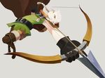  aiming arrow bad_id bad_pixiv_id belt boots bow_(weapon) braid brown_eyes cloak cross-laced_footwear dragon's_crown drawing_bow elf elf_(dragon's_crown) foreshortening gloves grey_background holding holding_arrow holding_bow_(weapon) holding_weapon hood hood_down koge12 long_hair midair outstretched_arm pointy_ears shorts silver_hair simple_background sleeveless solo thigh_boots thighhighs tunic twin_braids weapon 