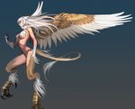  avian breasts brown_feathers claws digitigrade feathers female gradient_background gryphon hair harpy monster monster_girl solo tyutii white_hair wings 