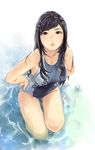  black_eyes black_hair carina_(xiaowoo) competition_swimsuit highres long_hair one-piece_swimsuit original partially_submerged realistic solo swimsuit wet 