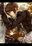  1boy belt blue_eyes brown_hair final_fantasy final_fantasy_viii fur_trim gloves gunblade jacket looking_at_viewer male male_focus scar solo squall_leonhart tama_(tmfy5) weapon 