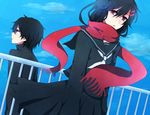  1girl black_hair blue_sky day fringe_trim hair_ornament hairclip highres kagerou_project kisaragi_shintarou long_hair railing red_eyes red_scarf ringomaru rooftop scarf school_uniform serafuku sky tateyama_ayano 