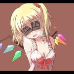  blindfold blonde_hair breasts cleavage fang flandre_scarlet heart highres kuromu_(underporno) letterboxed medium_breasts saliva solo strap_slip touhou wings 