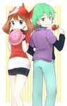  1girl back-to-back bandana bike_shorts blue_eyes brown_hair embarrassed flower frisbee gloves green_eyes green_hair haruka_(pokemon) jacket nae_(sh_nae) pokemon pokemon_(anime) pokemon_ag red_flower red_rose rose short_hair shorts shorts_under_skirt shuu_(pokemon) 