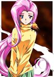  avian bird blue_eyes clothing ear_piercing eyelashes female fluttershy_(mlp) friendship_is_magic hair hi_res hinomars19 human humanized long_hair looking_at_viewer mammal my_little_pony pattern_background piercing pink_hair smile solo 