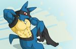  anthro arm_behind_head beefcake biceps blue_body canine clothed clothing flexing invalid_tag lucario male mammal muscles nintendo pecs pok&#233;mon pok&eacute;mon pose red_eyes sitting solo toned video_games waddledox 