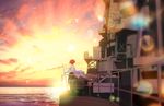  battleship blurry bokeh brown_hair commentary depth_of_field detached_sleeves hairband hiei_(kantai_collection) highres japanese_clothes kantai_collection lens_flare machinery military military_vehicle nontraditional_miko ocean saki_(little_crown) ship short_hair solo sunset thighhighs warship watercraft wide_sleeves 