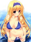  absurdres bikini bikini_pull blonde_hair blue_bikini blue_eyes blue_hairband blush breasts cecilia_alcott censored drill_hair hairband highres infinite_stratos large_breasts long_hair looking_away mosaic_censoring navel open_mouth pulled_by_self scan shintarou shiny shiny_skin solo swimsuit twin_drills twintails wading water 