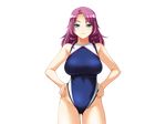  1girl asakura_sakura bare_shoulders blush breasts game_cg green_eyes hands_on_hips highres large_breasts legs long_hair looking_at_viewer mama_no_undoukai mole purple_hair simple_background smile solo standing swimsuit thighs 