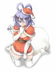  ;q akagashi_hagane belt blue_eyes blue_hair boots breasts christmas cleavage dress elbow_gloves gloves grin hair_rings hat kaku_seiga kneeling medium_breasts one_eye_closed sack santa_costume santa_hat smile solo thigh_boots thighhighs tongue tongue_out touhou white_gloves 