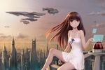  bare_shoulders breasts brown_eyes brown_hair building chemise city cityscape cleavage cloud collarbone dress dusk holographic_interface holographic_monitor long_hair md5_mismatch original realistic revision ribbon science_fiction sitting sky skyscraper small_breasts smile space_craft starfighter youbou 
