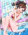  balloon bikini blue_eyes blush bow brown_hair d: earrings hair_bow idolmaster idolmaster_million_live! jewelry legs lens_flare long_hair looking_at_viewer official_art open_mouth palm_tree ponytail pool rope satake_minako shiny shiny_skin solo splashing swimsuit tree water 