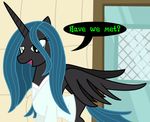  black_fur changeling dazed-and-wandering door english_text equine female feral friendship_is_magic fur good_looking green_eyes green_hair hair horn horse inside long_hair looking_at_viewer mammal my_little_pony open_mouth pony queen_chrysalis_(mlp) robe smile solo text tongue winged_unicorn wings 