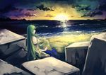  bare_shoulders beach breasts cloud gohei green_hair highres kalalasan kochiya_sanae large_breasts long_hair rock smile solo sun sunrise touhou yellow_eyes 