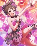  ;d artist_request blue_eyes bracelet brown_hair confetti hair_ribbon idolmaster idolmaster_million_live! jewelry looking_at_viewer microphone official_art one_eye_closed open_mouth ponytail ribbon satake_minako skirt smile 