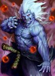  aura beads blue_skin fangs hakuga_(haru-akira) highres horns kuruoshiki_oni male_focus muscle no_pupils red_eyes shirtless solo street_fighter street_fighter_iv_(series) white_hair 