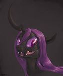  black_skin changeling fangs female feral friendship_is_magic grey_background hair hi_res horn looking_at_viewer miasma miasma_(mlp) my_little_pony omgmax open_mouth original_character plain_background purple_eyes purple_hair signature slit_pupils smile tongue 