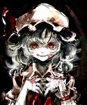  ascot azuki_(azuki-taste) blood blood_on_face bloody_hands blue_hair fangs hat hat_ribbon highres looking_at_viewer mob_cap puffy_sleeves red_eyes remilia_scarlet ribbon short_hair short_sleeves smile solo touhou wrist_cuffs 