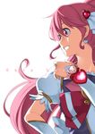  aino_megumi backlighting bow character_name cure_lovely earrings hair_ornament hand_on_hip happinesscharge_precure! heart heart_hair_ornament jewelry long_hair magical_girl pink_bow pink_eyes pink_hair ponytail precure smile solo white_background wrist_cuffs yuuzii 