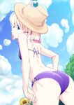  ass bare_shoulders bikini blonde_hair blue_eyes commentary_request day from_behind h-new hair_ribbon hat highres looking_at_viewer looking_back moriya_suwako o3o profile revision ribbon short_hair side-tie_bikini sky solo swimsuit touhou 