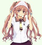  1girl ano_natsu_de_matteru brown_eyes gradient gradient_background grin hair_ribbon lace-trimmed_panties light_brown_hair long_hair looking_at_viewer multicolored_ribbon necktie object_on_head official_style panties panties_on_head puffy_sleeves ribbon saipaco school_uniform side-tie_panties smile solo string_panties twintails underwear yamano_remon 