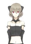  blonde_hair detached_collar detached_sleeves hair_between_eyes highres horns kauto long_hair looking_at_viewer midriff navel open_mouth original parted_lips red_eyes simple_background sketch slit_pupils solo strap_slip tank_top white_background 