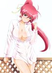  blue_eyes blush breasts cleavage clenched_hand diesel-turbo dress_shirt hair_ribbon large_breasts long_hair lyrical_nanoha mahou_shoujo_lyrical_nanoha mahou_shoujo_lyrical_nanoha_a's no_bra open_clothes open_shirt pink_hair ponytail revision ribbon shirt signum solo 