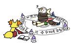  book chesnaught chibi delphox fur greninja litwick magic_circle nintendo no_humans pixiv_manga_sample plainwhite pokemon sitting smile sweat sweating unown 