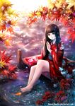  autumn_leaves bangs bare_legs barefoot blunt_bangs brown_hair commentary copyright_name fish floral_print flower goldfish hands_in_hair highres japanese_clothes kazeo-yuurin kimono long_hair looking_at_viewer original red_eyes signature sitting soaking_feet solo water 