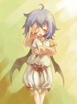 ahoge alternate_costume azuki_(azuki-taste) bat_wings black_wings bloomers blue_hair bow closed_eyes covering covering_one_eye downscaled fang frills highres long_sleeves md5_mismatch no_hat no_headwear open_mouth pillow pillow_hug remilia_scarlet resized rubbing_eyes shirt short_hair simple_background solo sunlight touhou underwear wings yawning 