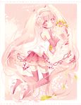  boots character_name detached_sleeves flower hatsune_miku headset kneeling long_hair necktie pink_eyes pink_footwear pink_hair revision sakura_miku skirt smile solo thigh_boots thighhighs twintails very_long_hair vocaloid yuucho_(cololal) 