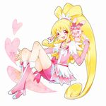  aida_mana arm_warmers bike_shorts blonde_hair boots bow brooch bunny choker creature cure_heart curly_hair dokidoki!_precure full_body half_updo heart highres jewelry long_hair magical_girl nogi_toa_(sorajio) pink_bow pink_eyes pink_footwear pink_sleeves ponytail precure ribbon sharuru_(dokidoki!_precure) shorts shorts_under_skirt skirt smile 