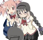  akemi_homura bag black_hair bow braid glasses hibimegane kaname_madoka long_hair mahou_shoujo_madoka_magica multiple_girls pantyhose pink_eyes pink_hair plaid plaid_skirt purple_eyes red-framed_eyewear school_uniform semi-rimless_eyewear short_twintails skirt twin_braids twintails under-rim_eyewear 