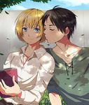  2boys armin_arlert blonde_hair blue_eyes blue_sky blush book brown_hair cloud clouds eren_yeager grass incipient_kiss leaf male_focus multiple_boys outdoors pants shadow shihoaitogi shingeki_no_kyojin shirt short_hair sitting sky sleeves_rolled_up smile tree yaoi 