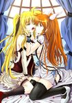  bed black_legwear blonde_hair breasts cleavage fate_testarossa highres legs lyrical_nanoha mahou_shoujo_lyrical_nanoha_strikers medium_breasts multiple_girls no_bra no_panties open_mouth orange_hair purple_eyes raising_heart red_eyes sideboob takamachi_nanoha thighhighs tongue tongue_out youxuemingdie yuri 