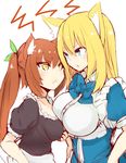  :&lt; alternate_costume angry animal_ear_fluff animal_ears blonde_hair blue_eyes bow breast_contest breast_poke breasts brown_hair cat_ears closed_mouth enmaided eye_contact fang fang_out fox_ears frills futaba_aoi impossible_clothes impossible_shirt large_breasts long_hair looking_at_another maid multiple_girls naomi_(sekai_no_hate_no_kissaten) neko_(naomi) original poking shirt twintails v-shaped_eyebrows yellow_eyes 