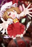  ;d black_legwear blonde_hair blood blush bow bowtie flandre_scarlet happy hat highres incoming_hug one_eye_closed open_mouth outstretched_arms outstretched_hand rai_(sakuranbo_sugar) red_eyes side_ponytail smile solo thighhighs touhou wings 