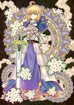  absurdres ahoge armor armored_dress art_nouveau artoria_pendragon_(all) blonde_hair dress excalibur fate/stay_night fate_(series) faulds flower gauntlets green_eyes hair_ribbon highres outline planted_sword planted_weapon ribbon riyun_(halodark) saber solo sword weapon 