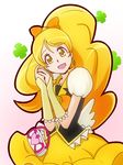  bakusai blonde_hair bow bowtie cure_honey earrings hair_bow happinesscharge_precure! jewelry long_hair magical_girl oomori_yuuko precure skirt smile solo wide_ponytail wrist_cuffs yellow_eyes yellow_skirt 