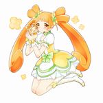  boots bow brown_eyes brown_hair choker clover clover_hair_ornament creature cure_rosetta curly_hair dokidoki!_precure double_bun dress flower four-leaf_clover four-leaf_clover_hair_ornament full_body green_choker hair_flower hair_ornament hair_ribbon highres knee_boots long_hair magical_girl nogi_toa_(sorajio) precure puffy_sleeves rance_(dokidoki!_precure) ribbon smile twintails wrist_cuffs yotsuba_alice 